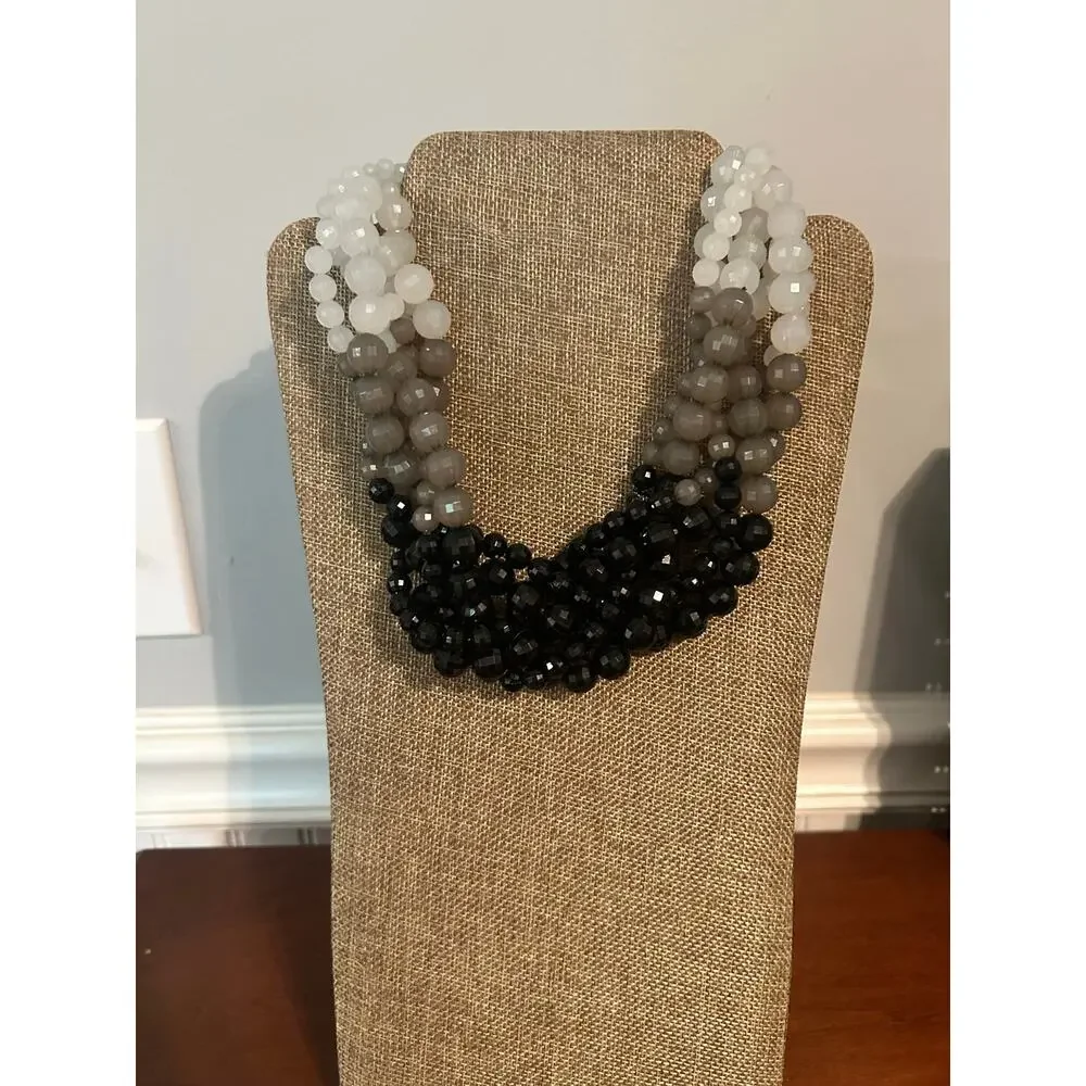 Multi Strand Ombre Bead Necklace Black Gray White Gradient Statement 18 Inch